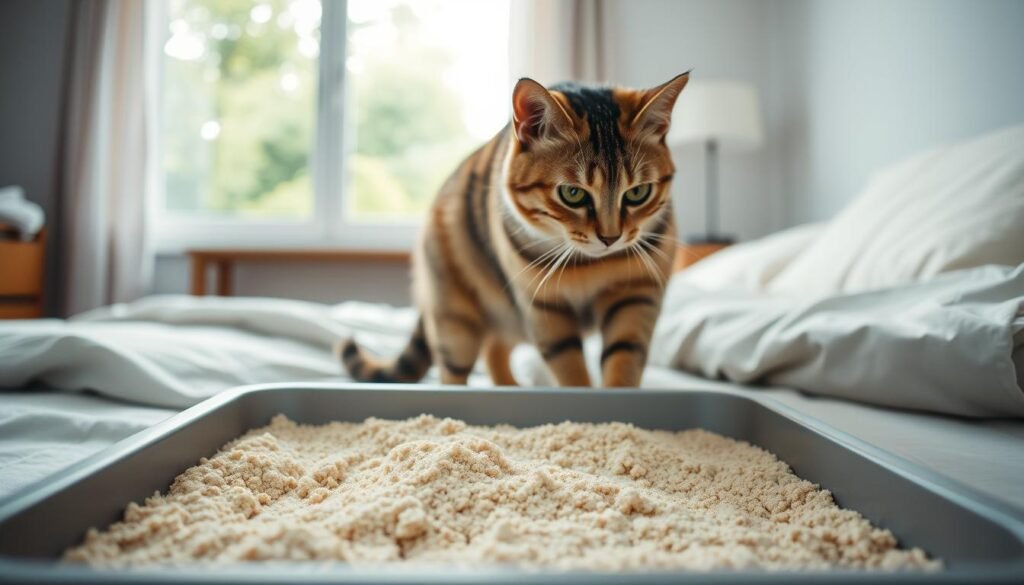 A cozy bedroom scene featuring a tray of tofucat litter from the brand "Latidos e Meow Pet" in the foreground. The tray is filled with a soft, natural-looking beige substance that resembles sand. In the middle ground, a curious cat sniffs and inspects the new litter, its expression one of cautious interest. The background shows a well-lit, tidy room with a window overlooking a verdant outdoor scene, creating a serene, calming atmosphere. The lighting is soft and diffused, giving the image a warm, inviting feel. The overall composition conveys the concept of a pet owner making a smooth transition to a more sustainable and hygienic litter option.