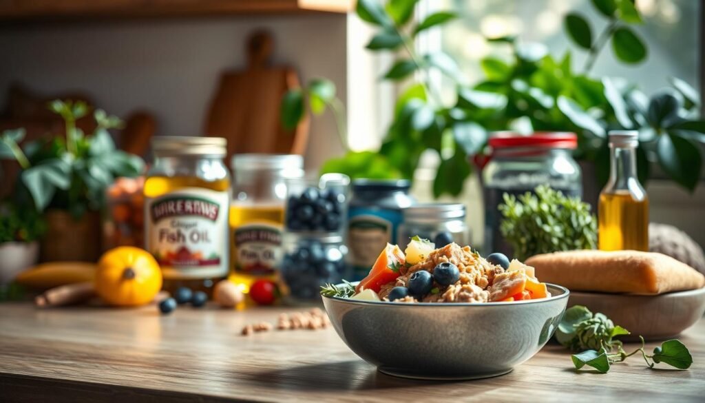 A cozy, warm-lit kitchen counter showcasing a variety of wholesome, natural pet food ingredients for senior dogs and cats. In the foreground, a bowl of freshly prepared homemade meal with steamed vegetables, lean proteins, and healthy grains. In the middle ground, jars of superfoods like blueberries, omega-rich fish oil, and antioxidant-rich herbs. The background features lush, green foliage and soft, diffused lighting, creating a soothing, nurturing atmosphere. The image conveys the benefits of a natural, nutrient-dense diet for aging pets - improved digestion, joint health, and overall vitality. A cozy, warm-lit kitchen counter showcasing a variety of wholesome, natural pet food ingredients for senior dogs and cats. In the foreground, a bowl of freshly prepared homemade meal with steamed vegetables, lean proteins, and healthy grains. In the middle ground, jars of superfoods like blueberries, omega-rich fish oil, and antioxidant-rich herbs. The background features lush, green foliage and soft, diffused lighting, creating a soothing, nurturing atmosphere. The image conveys the benefits of a natural, nutrient-dense diet for aging pets - improved digestion, joint health, and overall vitality.