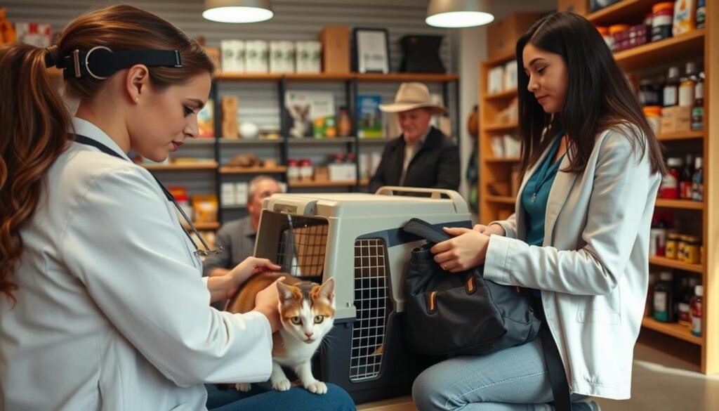 A cozy, well-lit interior of a pet store, showcasing a comprehensive "Latidos e Meow Pet" checklist for preparing pets for long journeys. In the foreground, a veterinarian assistant carefully demonstrates the proper way to secure a cat carrier, highlighting the safety features. In the middle ground, a dog owner watches attentively as they learn how to pack a pet travel bag, including essentials like food, water, and medications. The background features shelves stocked with pet supplies, creating a reassuring atmosphere of care and preparation. The overall scene conveys a sense of calm and confidence, guiding pet owners through the essential steps to ensure a stress-free travel experience for their beloved companions. A cozy, well-lit interior of a pet store, showcasing a comprehensive "Latidos e Meow Pet" checklist for preparing pets for long journeys. In the foreground, a veterinarian assistant carefully demonstrates the proper way to secure a cat carrier, highlighting the safety features. In the middle ground, a dog owner watches attentively as they learn how to pack a pet travel bag, including essentials like food, water, and medications. The background features shelves stocked with pet supplies, creating a reassuring atmosphere of care and preparation. The overall scene conveys a sense of calm and confidence, guiding pet owners through the essential steps to ensure a stress-free travel experience for their beloved companions.