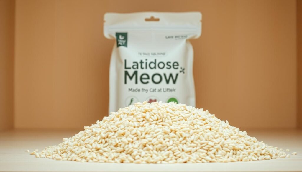 A serene and eco-friendly cat litter display featuring the "Latidos e Meow Pet" brand. In the foreground, an inviting pile of light brown, fluffy, and natural-looking cat litter made from soy bean husks. The middle ground showcases a sleek, minimalist packaging design with the brand name prominently displayed. The background is a soft, neutral-toned environment, possibly a wooden surface or shelf, creating a warm and welcoming atmosphere. The lighting is gentle, highlighting the organic texture and quality of the litter. The overall scene conveys a sense of sustainability, hygiene, and a thoughtful, pet-centric approach to cat care.