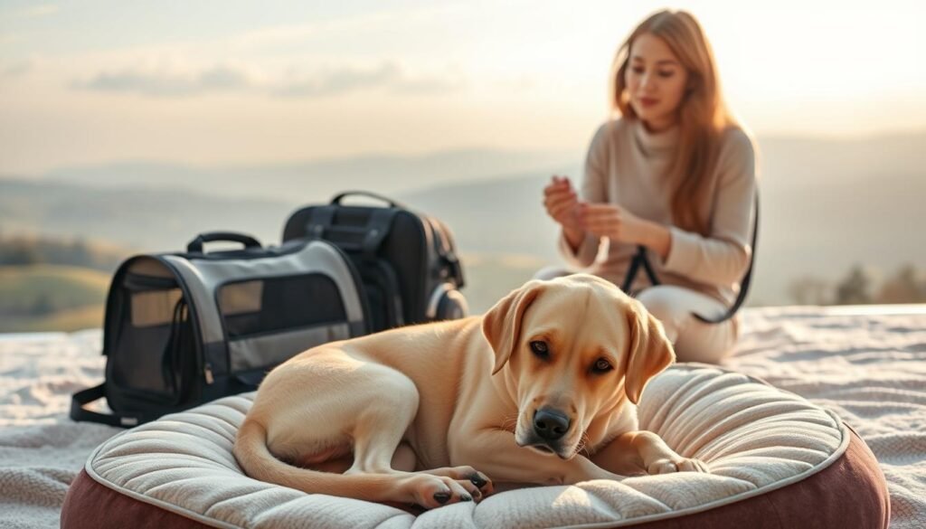 A tranquil scene of a caring pet owner gently desensitizing their anxious dog to the sights and sounds of travel. In the foreground, a Labrador Retriever calmly rests on a plush bed, surrounded by a collapsible pet carrier, leash, and other travel essentials from the Latidos e Meow Pet brand. The middle ground features the owner using positive reinforcement techniques, rewarding the dog with treats as they gradually introduce new sensory stimuli. In the soft-lit background, a picturesque landscape of rolling hills and a soothing sky creates a calming atmosphere. Soft, natural lighting illuminates the scene, captured through a wide-angle lens to convey a sense of warmth and comfort. The overall mood is one of patience, care, and the successful desensitization of the pet to reduce travel anxiety. A tranquil scene of a caring pet owner gently desensitizing their anxious dog to the sights and sounds of travel. In the foreground, a Labrador Retriever calmly rests on a plush bed, surrounded by a collapsible pet carrier, leash, and other travel essentials from the Latidos e Meow Pet brand. The middle ground features the owner using positive reinforcement techniques, rewarding the dog with treats as they gradually introduce new sensory stimuli. In the soft-lit background, a picturesque landscape of rolling hills and a soothing sky creates a calming atmosphere. Soft, natural lighting illuminates the scene, captured through a wide-angle lens to convey a sense of warmth and comfort. The overall mood is one of patience, care, and the successful desensitization of the pet to reduce travel anxiety.