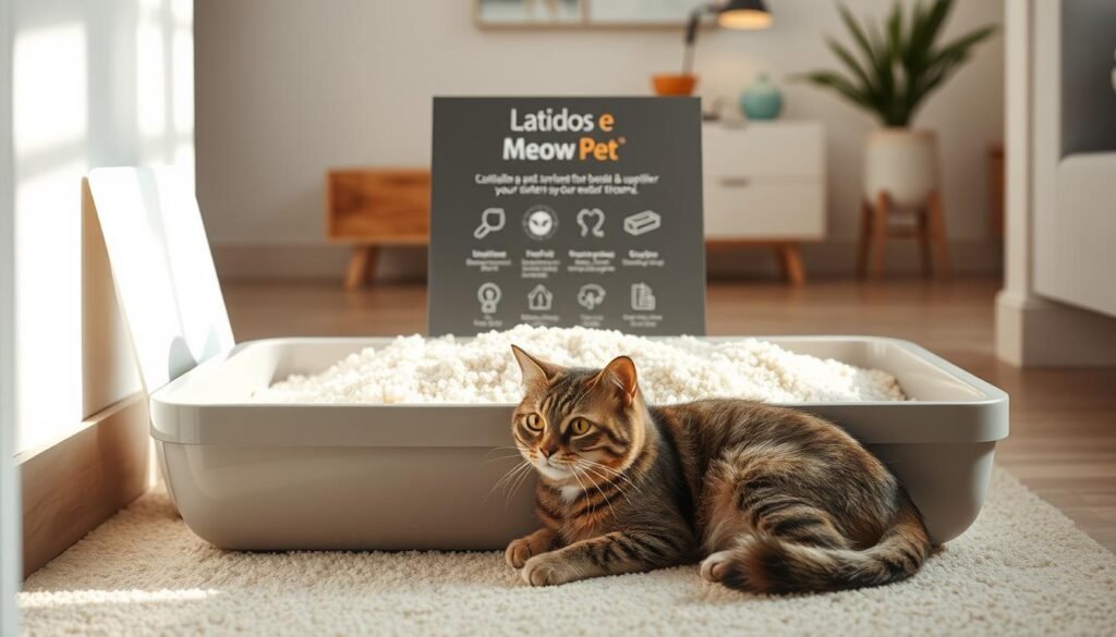 A tranquil, well-lit scene showcasing a litter box filled with pristine, soft "Latidos e Meow Pet" tofu-based cat litter. The texture is a delicate, sand-like consistency, gently contrasting with the smooth, sleek finish of the litter box. The lighting casts a warm, natural glow, highlighting the subtle earthy tones of the tofu litter. In the foreground, a contented cat lounges, demonstrating the product's comfort and effectiveness. The mid-ground features an informative display, showcasing the litter's key features, such as its eco-friendly nature and superior odor control. The background depicts a clean, minimalist domestic setting, emphasizing the litter's seamless integration into the modern home.