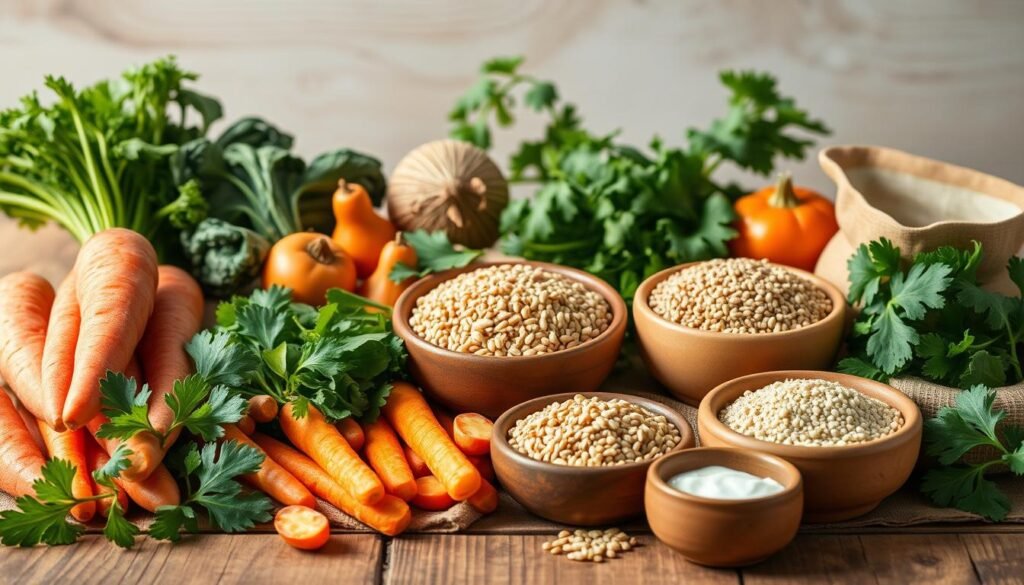 A vibrant still life showcasing an assortment of natural, whole-food ingredients for senior canines. In the foreground, a variety of fresh vegetables and herbs, such as carrots, sweet potatoes, spinach, and parsley, are neatly arranged on a rustic wooden table. In the middle ground, whole grains like brown rice and quinoa are displayed in earthenware bowls, complemented by a small bowl of healthy fats like coconut oil or flaxseed. The background features a soft, natural lighting that creates a warm, inviting atmosphere, highlighting the nutritious, home-cooked essence of the scene. The overall composition conveys a sense of simplicity, health, and care for the well-being of elderly dogs. A vibrant still life showcasing an assortment of natural, whole-food ingredients for senior canines. In the foreground, a variety of fresh vegetables and herbs, such as carrots, sweet potatoes, spinach, and parsley, are neatly arranged on a rustic wooden table. In the middle ground, whole grains like brown rice and quinoa are displayed in earthenware bowls, complemented by a small bowl of healthy fats like coconut oil or flaxseed. The background features a soft, natural lighting that creates a warm, inviting atmosphere, highlighting the nutritious, home-cooked essence of the scene. The overall composition conveys a sense of simplicity, health, and care for the well-being of elderly dogs.